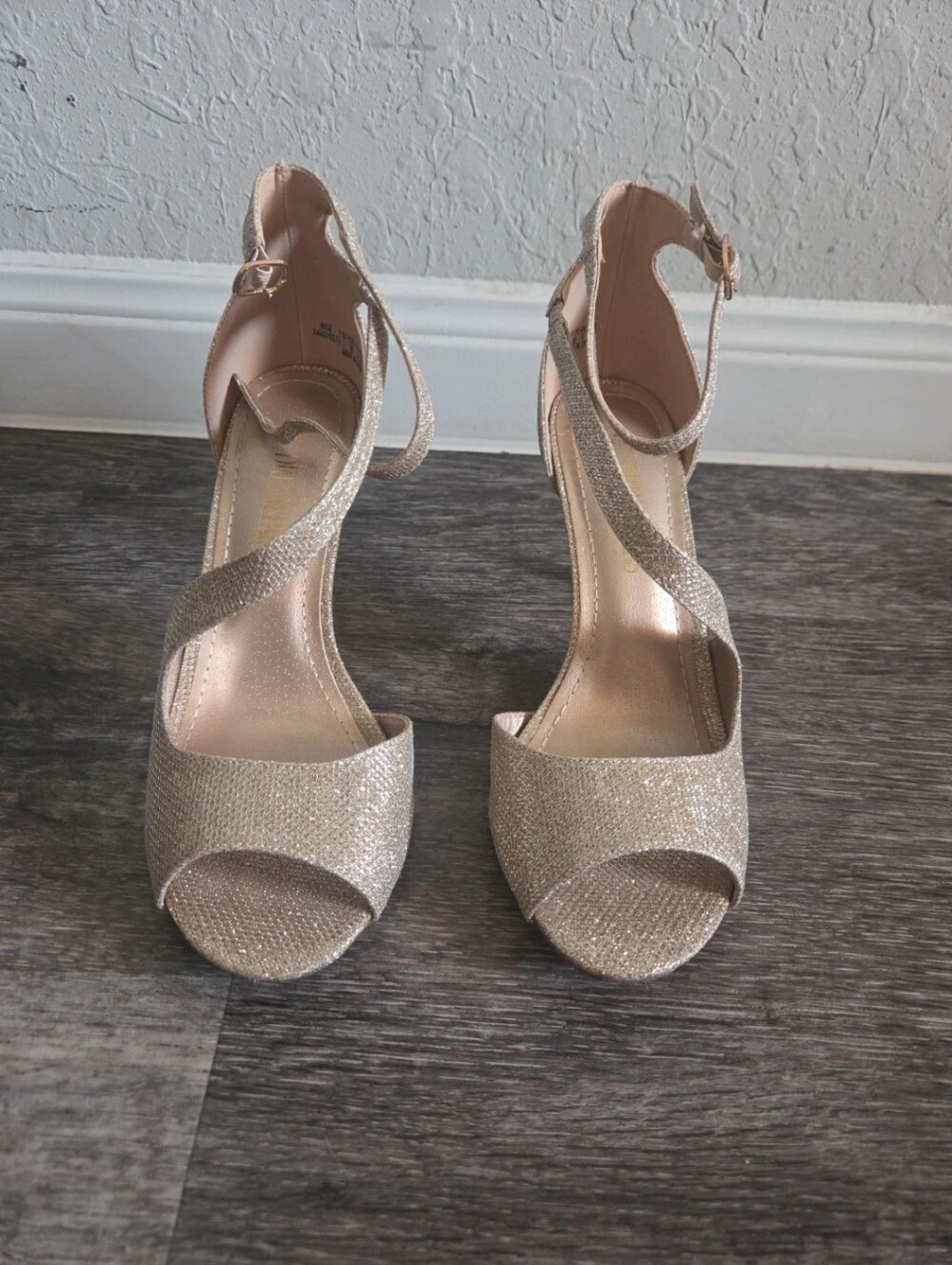 Sparkle Open-Toe Ankle Strap Heels in Champagne